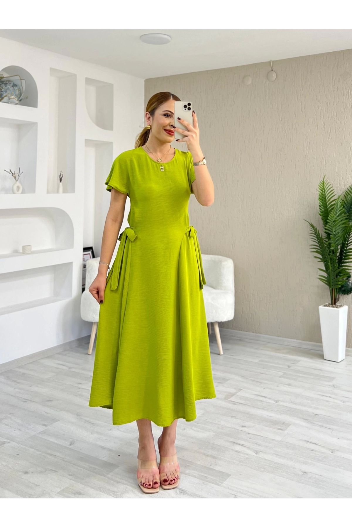 İrka Moda Yan Bağlama Detay Ayrobin Elbise Olive