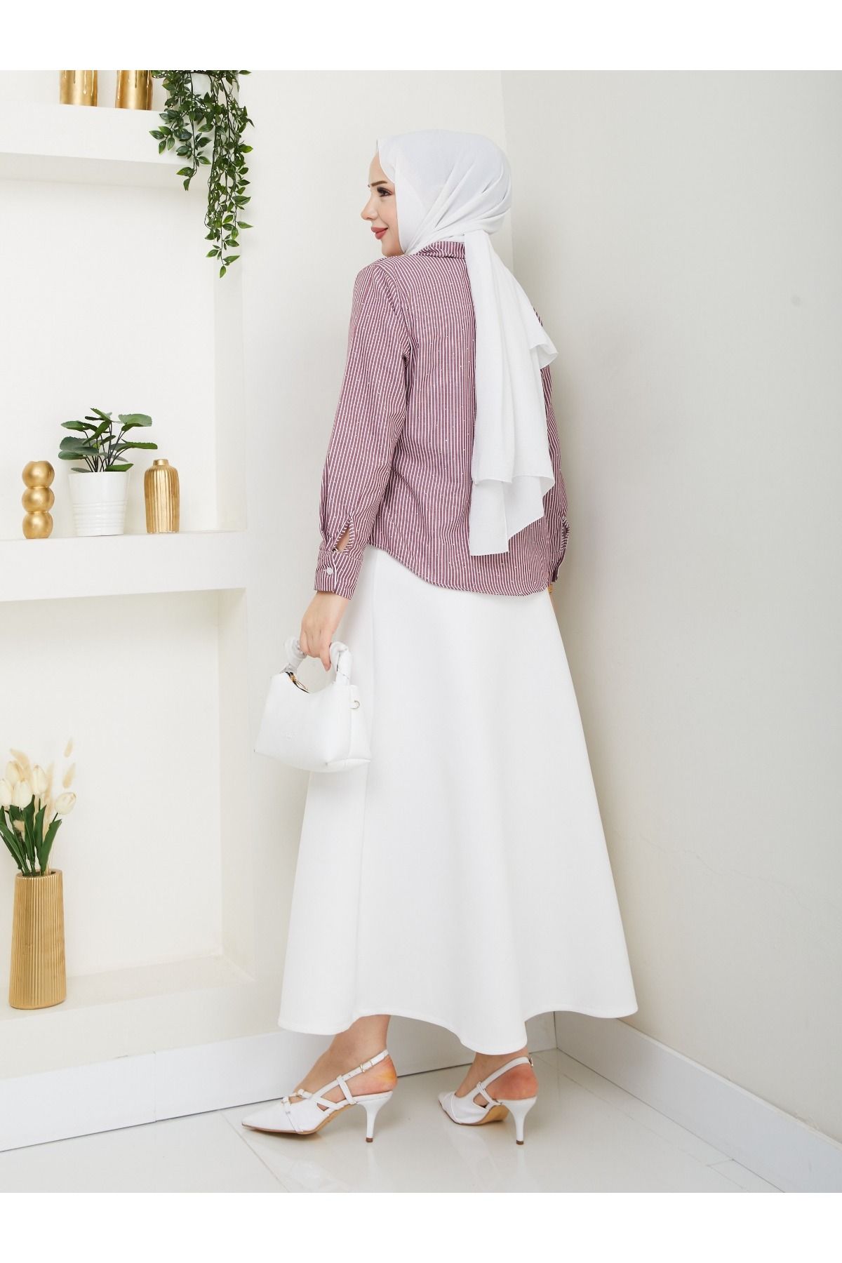 Güba Ticaret Kadın Terikoton Kumaş Kurdele Detaylı Çizgili Taşlı Kimono