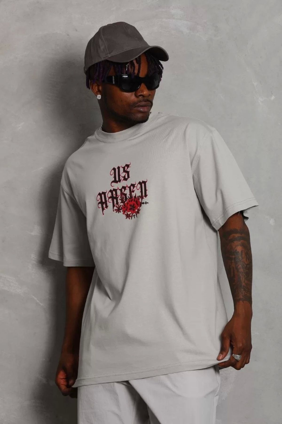 MODA Unisex Oversize Baskılı Bisiklet Yaka T-Shirt - Gri