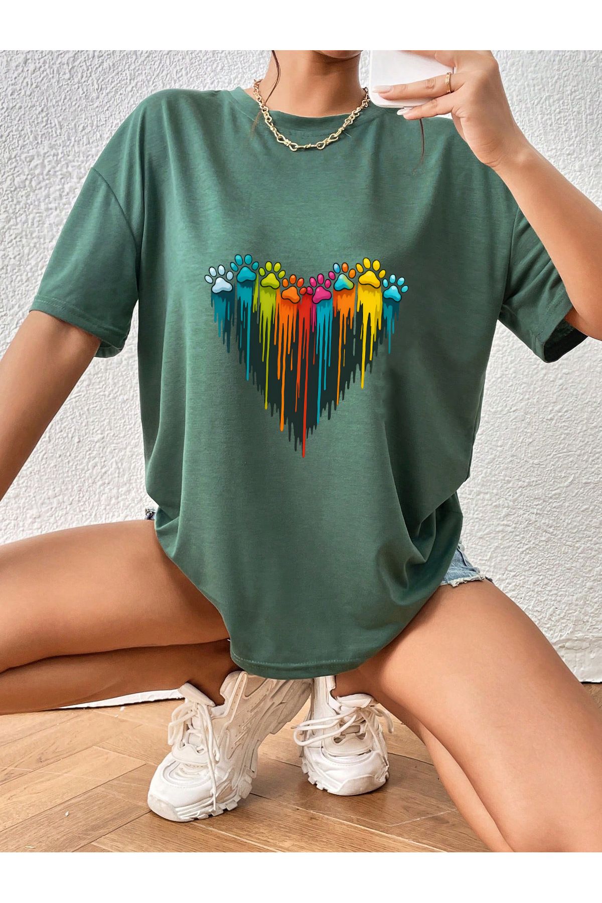 uyguntarz Unisex Sevimli Kedi Patili Kalp Tasarım Basklı Tshirt