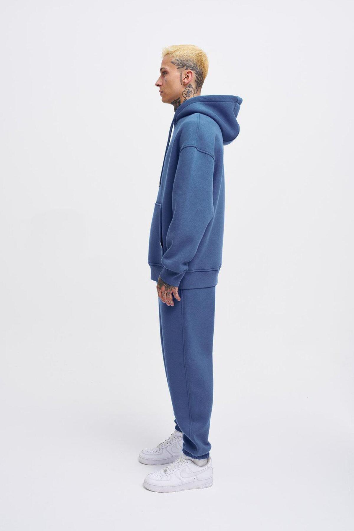 Machinist-Men's Oversize Basic Hooded Morning Blue Sweatshirt 4