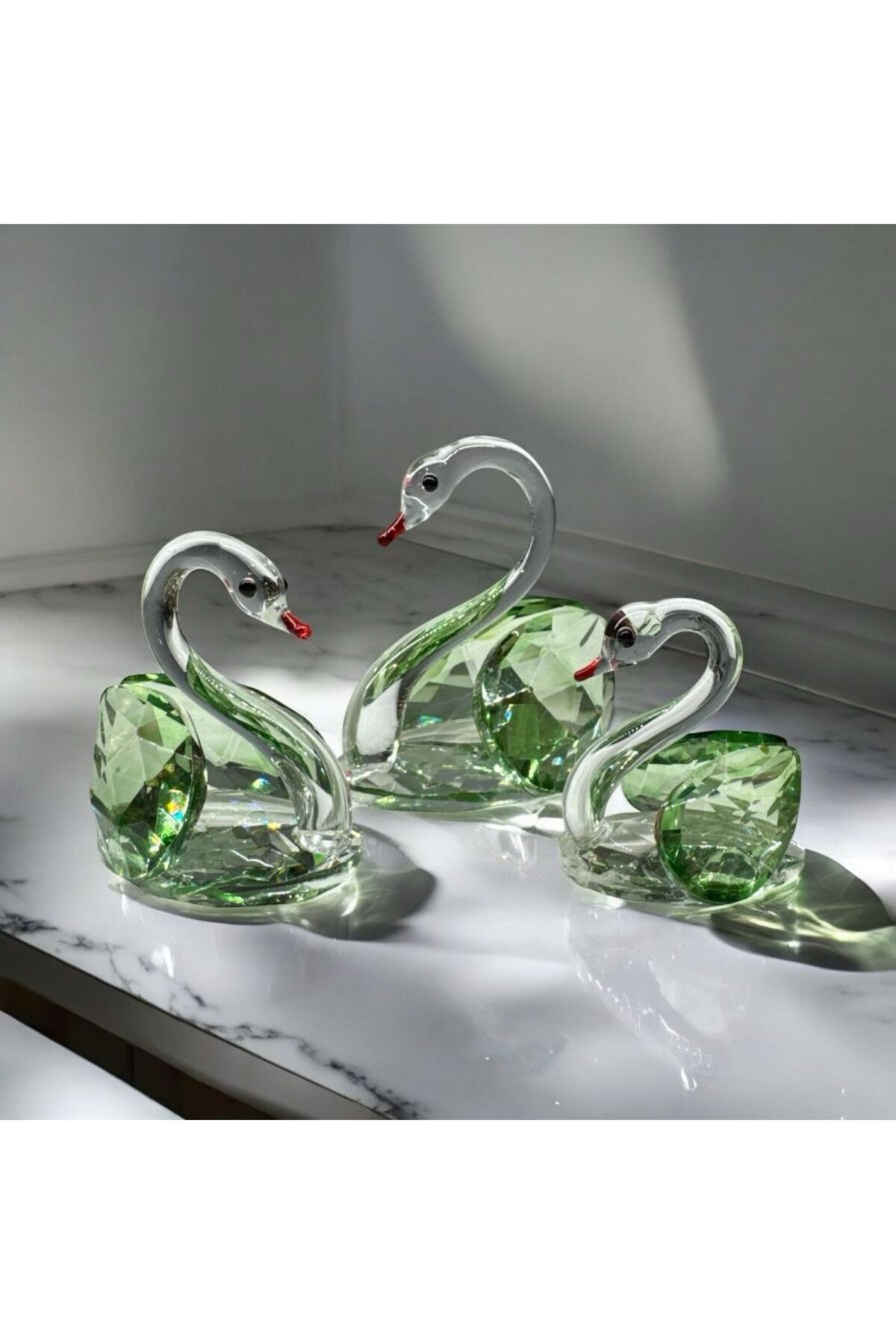 Peramari Dekoratif Kristal Cam Üçlü Kuğu Yeşil