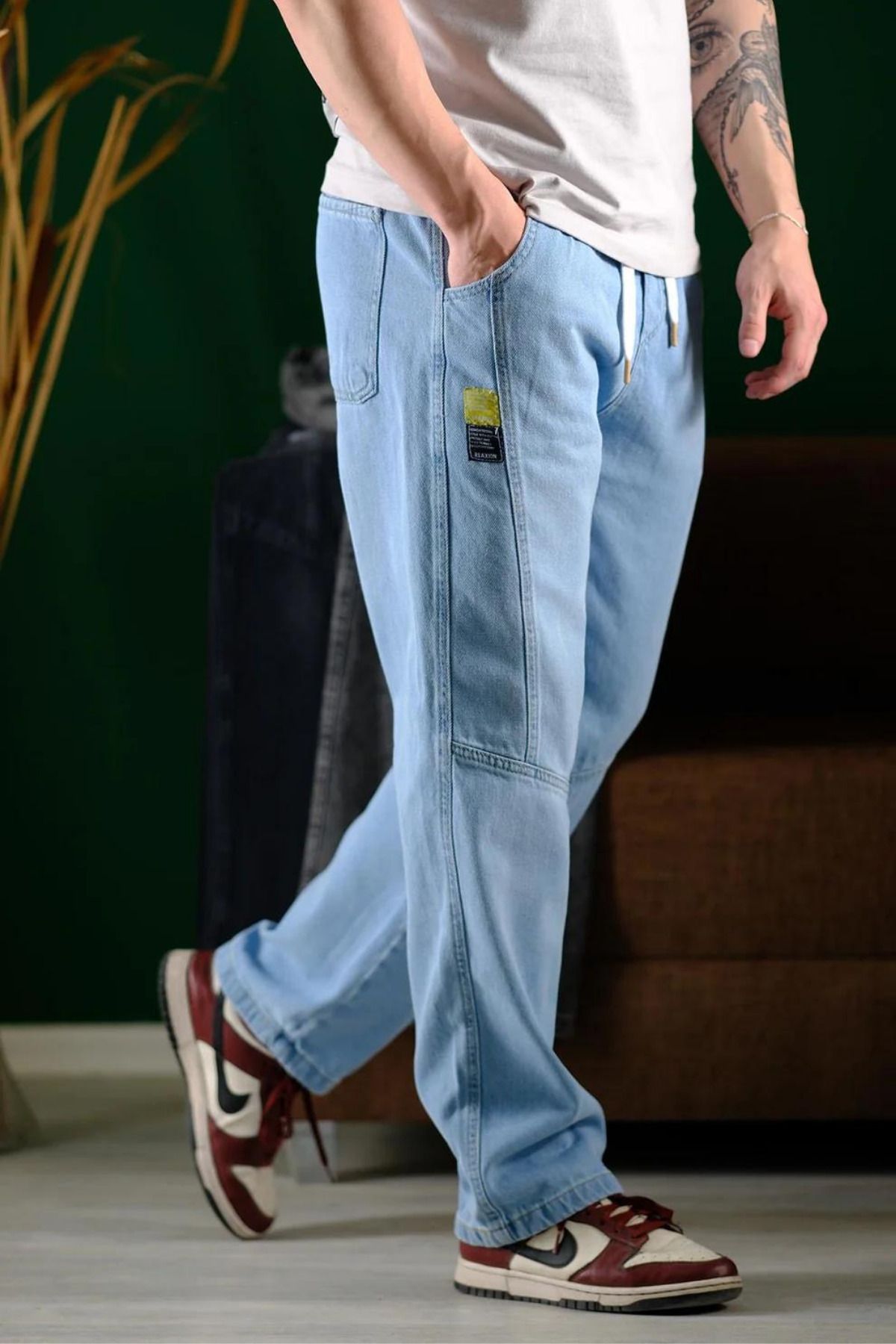 Tarz Cool Erkek Mavi Bel Lastikli Bağcıklı Baggy Fit Jean Pantolon