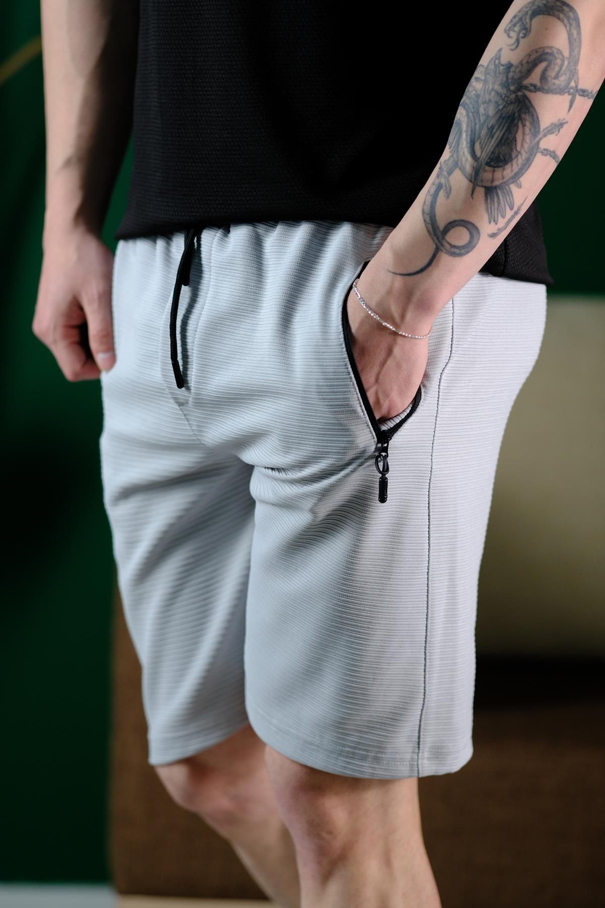 since 1990 man Mansams Fermuarlı Detaylı Dokuma Slim Fit Likralı Erkek Bermuda Şort