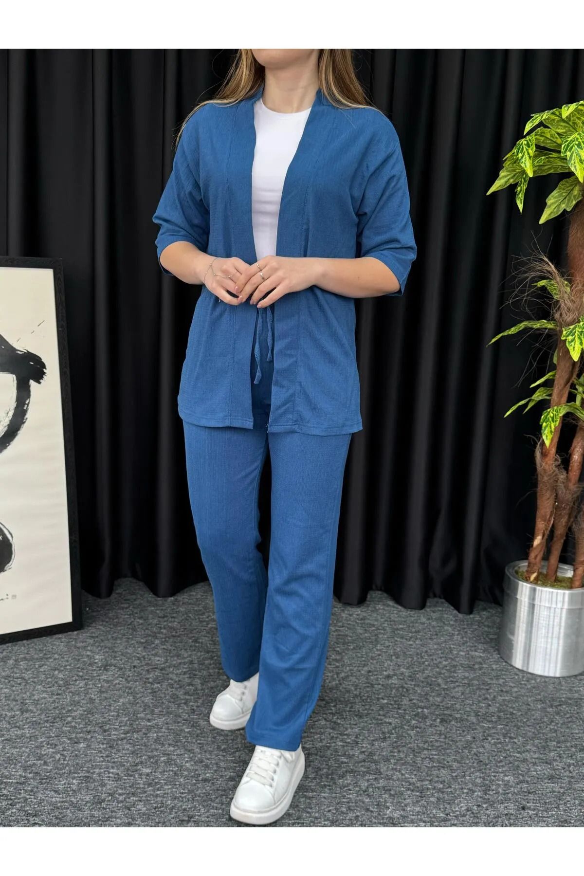 Revasser Kadın Özel Tasarım Kimono Bürümcük Kumaş Alt Üst Önü Açık Takım
