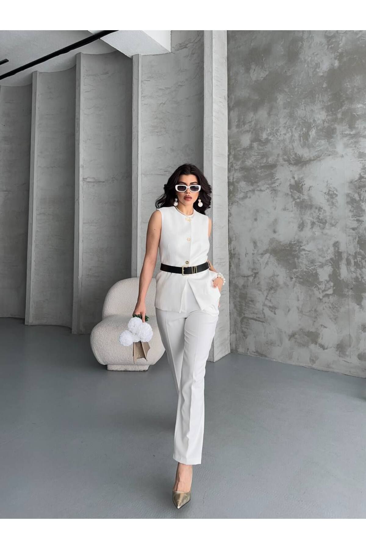 BARG FASHION Kadın Kemerli Yelek Pantolon 2'Li Takım
