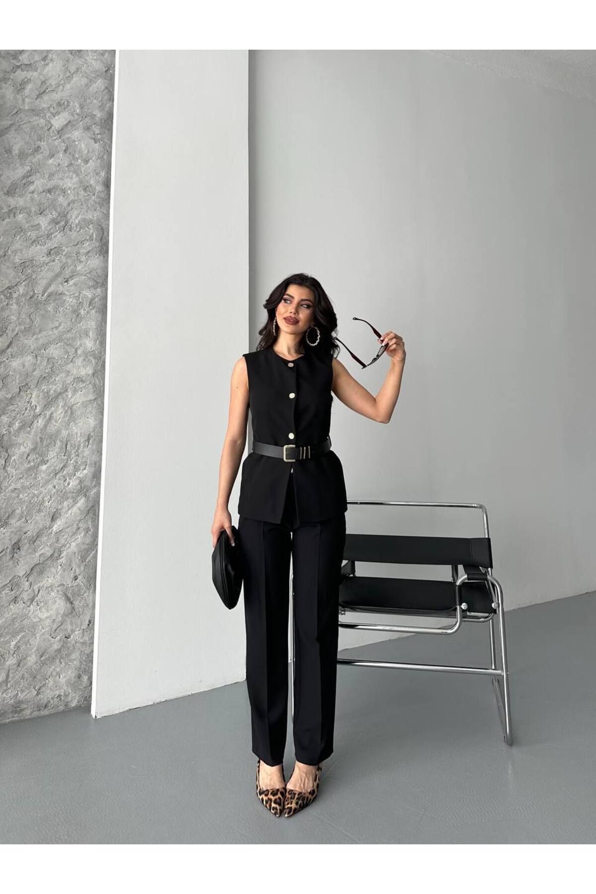 BARG FASHION Kadın Kemerli Yelek Pantolon 2'Li Takım