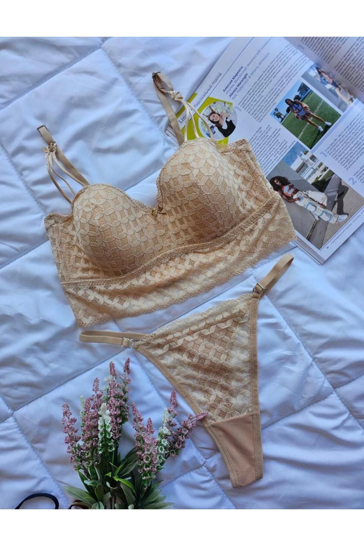 CES'Y LİNGERİE YUMUŞAK DANTELLİ FİYONK DETAYLI SEKSİ TOPARLAYICI LOTUS SÜTYEN TAKIM