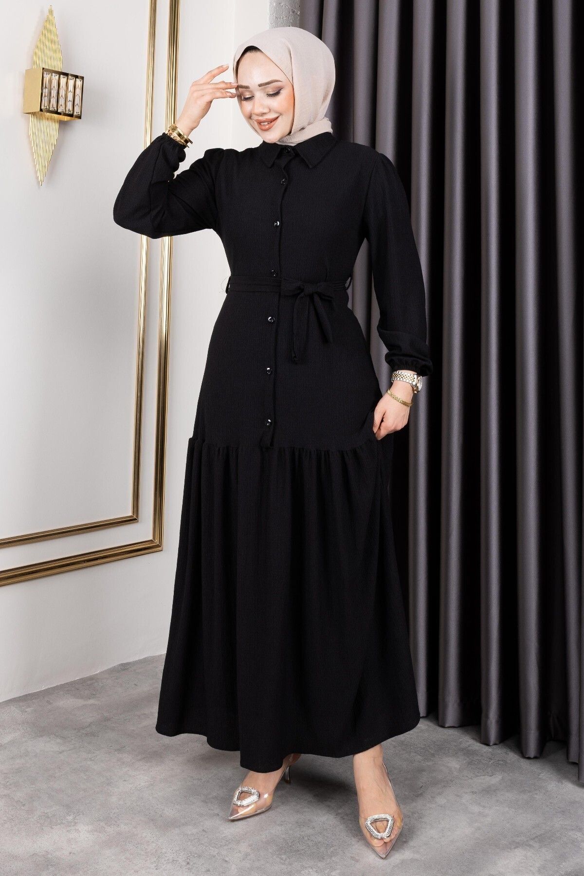 HİRA LİFE FASHİON Kadın Belden Kuşaklı ve Bisiklet Yaka Önü Düğmeli Bürümcük Kumaş Elbise