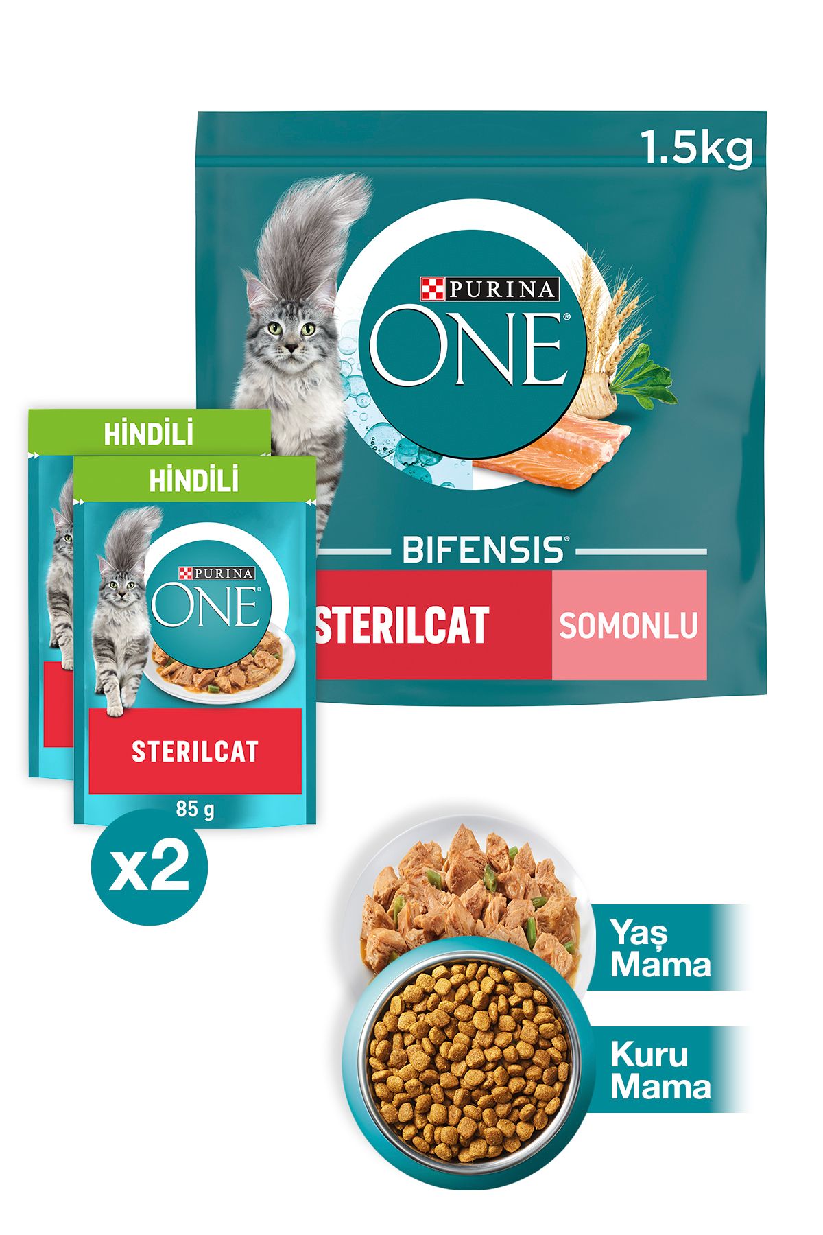 Purina One Sterilcat Somon & Buğdaylı Kısır Kedi Maması 1.5kg + Hindili Yaş Kısır Kedi Maması 2x85g