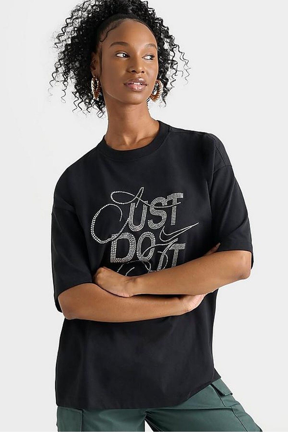 Nike Dance Oversize Ss Tee Kadın Oversize Büyük Beden Taş İşlemeli Tişört Siyah