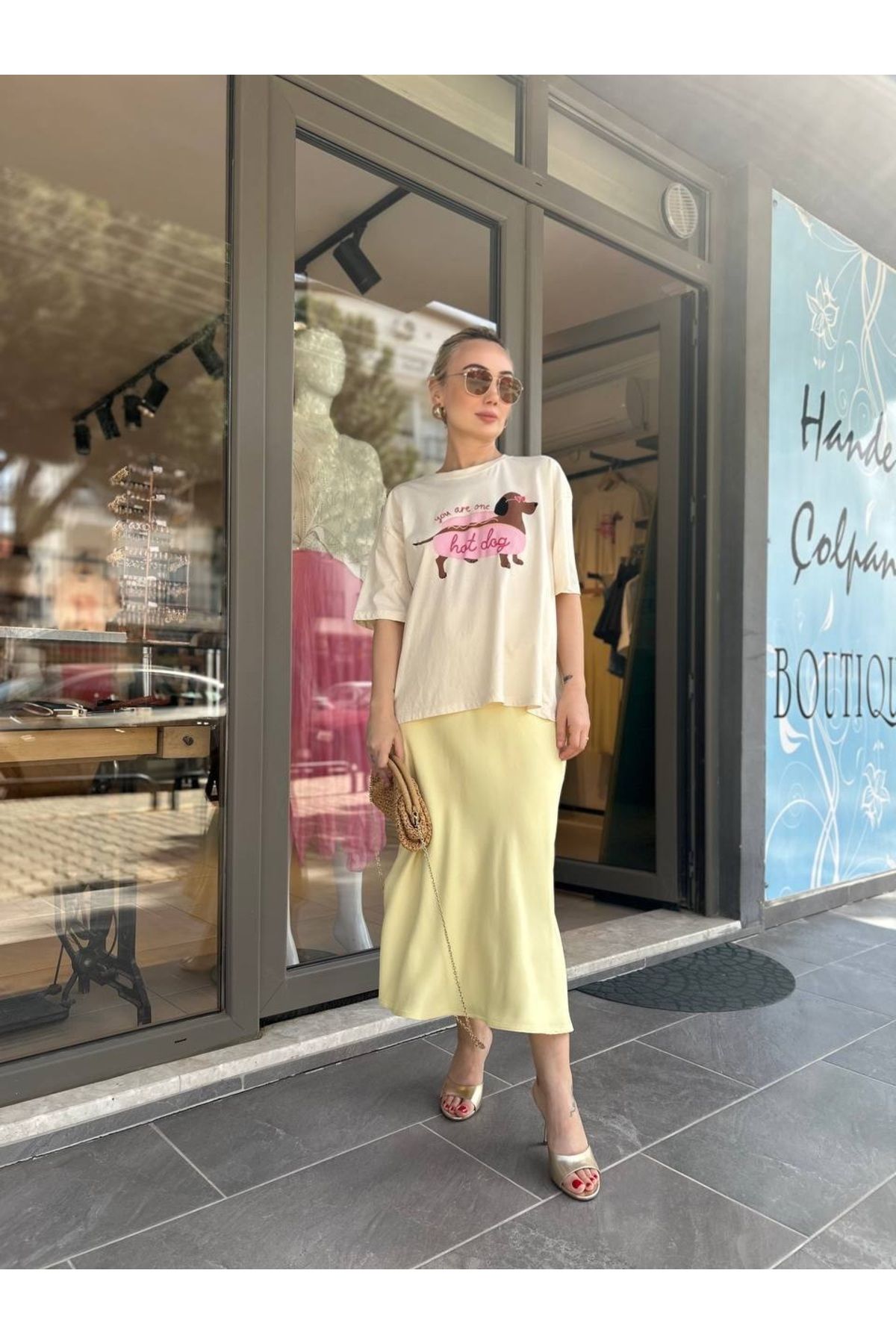 HANDE ÇOLPAN Limon Sarı Saten Etek