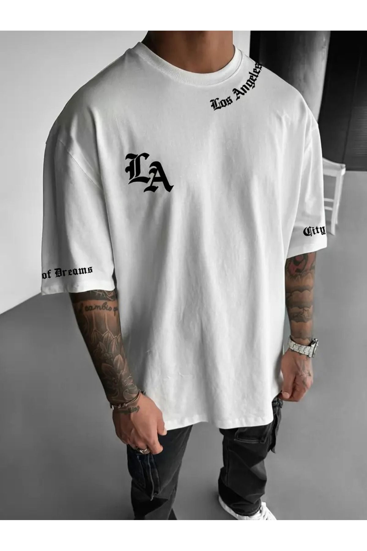 LAND MODA Los Angeles Harf Baskılı Erkek T-Shirt - Günlük Yuvarlak Yaka, Bol Kesim Yazlık Tişört