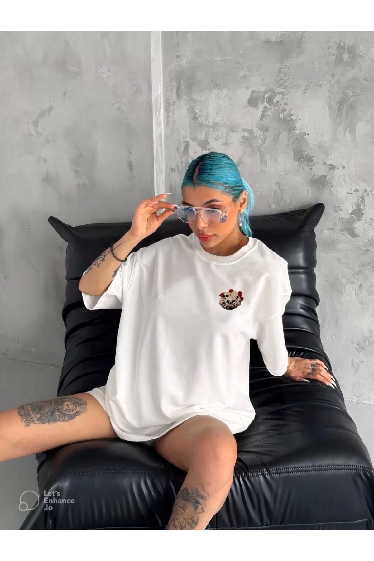 MODA Unisex Bisiklet Yaka Baskılı Oversize T-Shirt - Beyaz