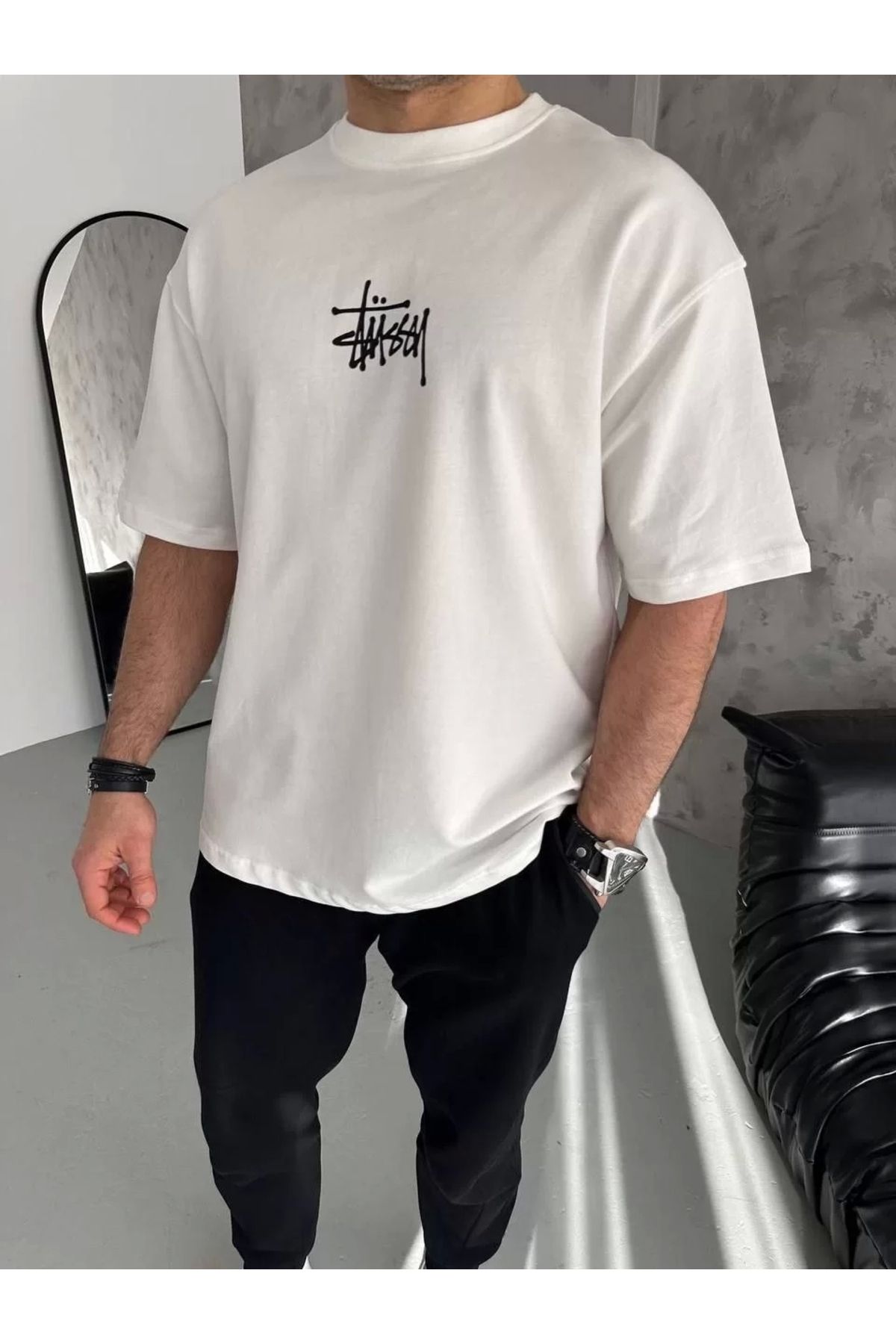 MODA Unisex Bisiklet Yaka Baskılı Oversize T-Shirt - Beyaz