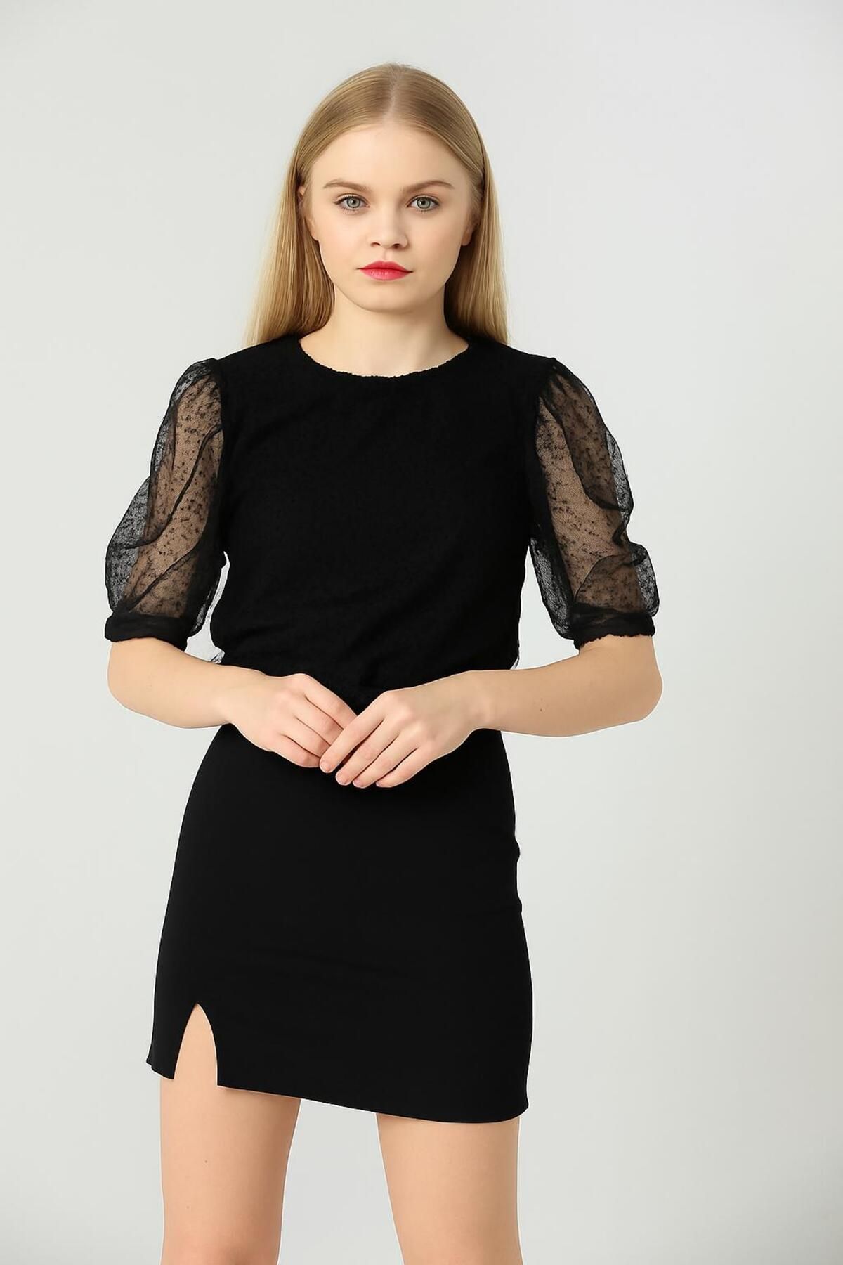 Castivo Fashion Kadın Yırtmaç Detaylı Diz Üstü Mini Etek