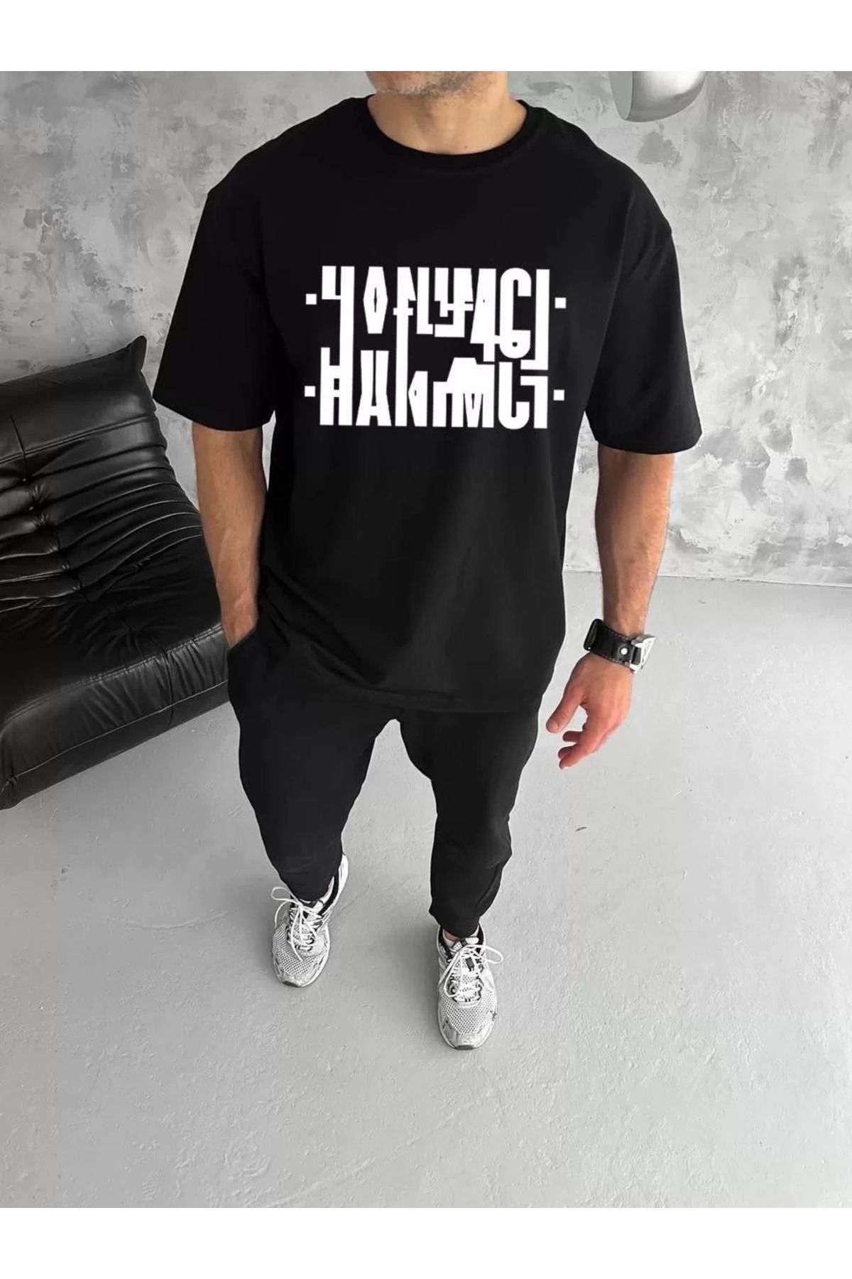MODA Unisex Bisiklet Yaka Katlanan Baskılı T-Shirt - Siyah