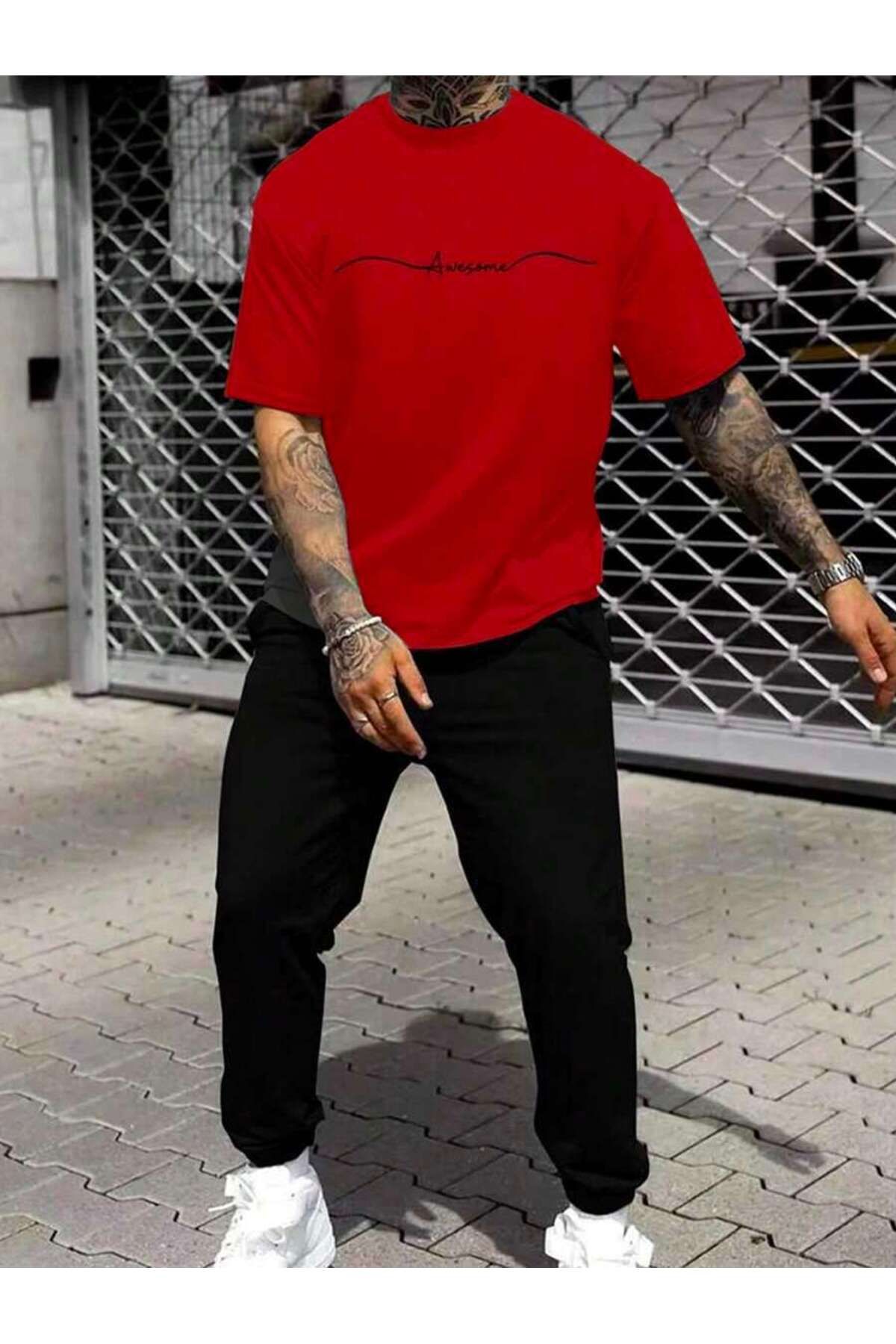 aynewmoda Erkek Yazlık Grafik Harfli Tişört ve Bağcıklı Bel Jogger Pantolon