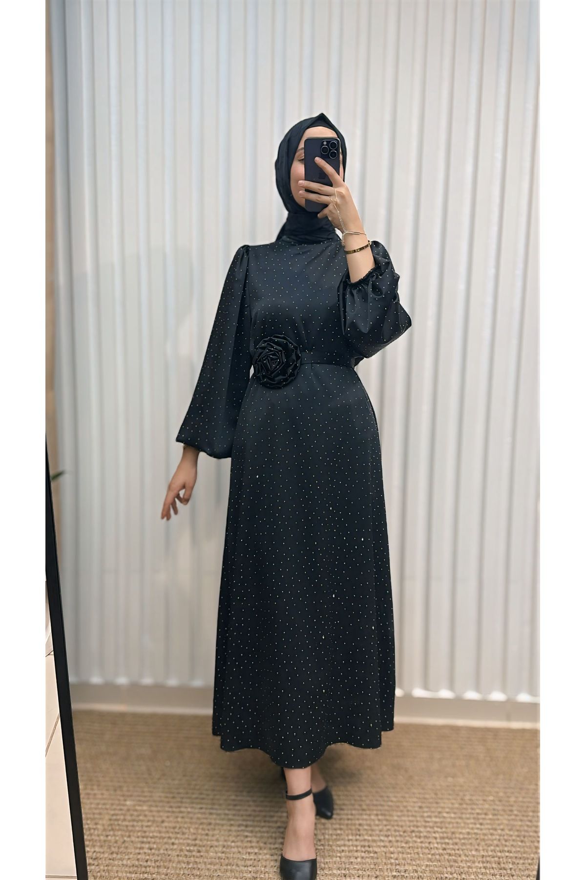 MERVE TESETTÜR GÜL KUŞAKLI SATEN ABİYE