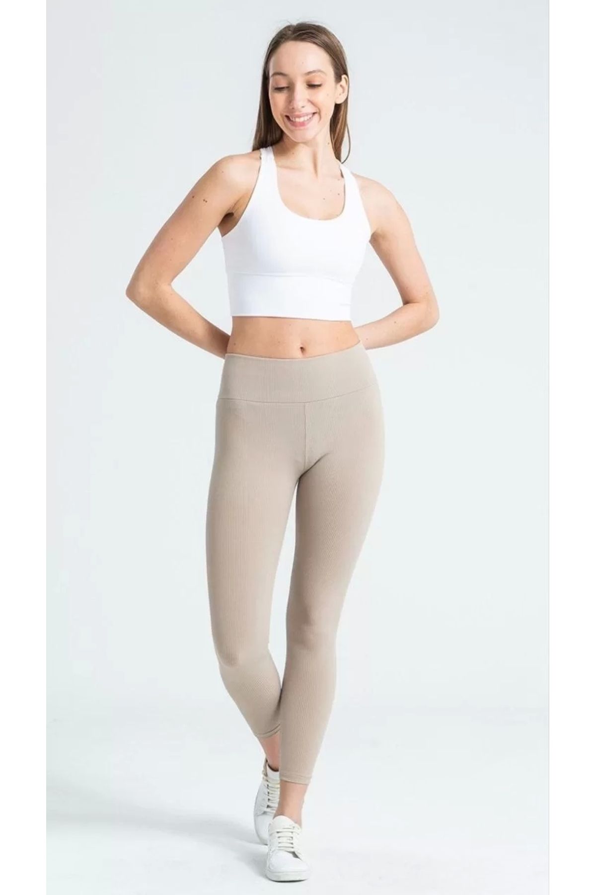 MODA Kadın Yüksek Bel Fitilli Tayt - Bej