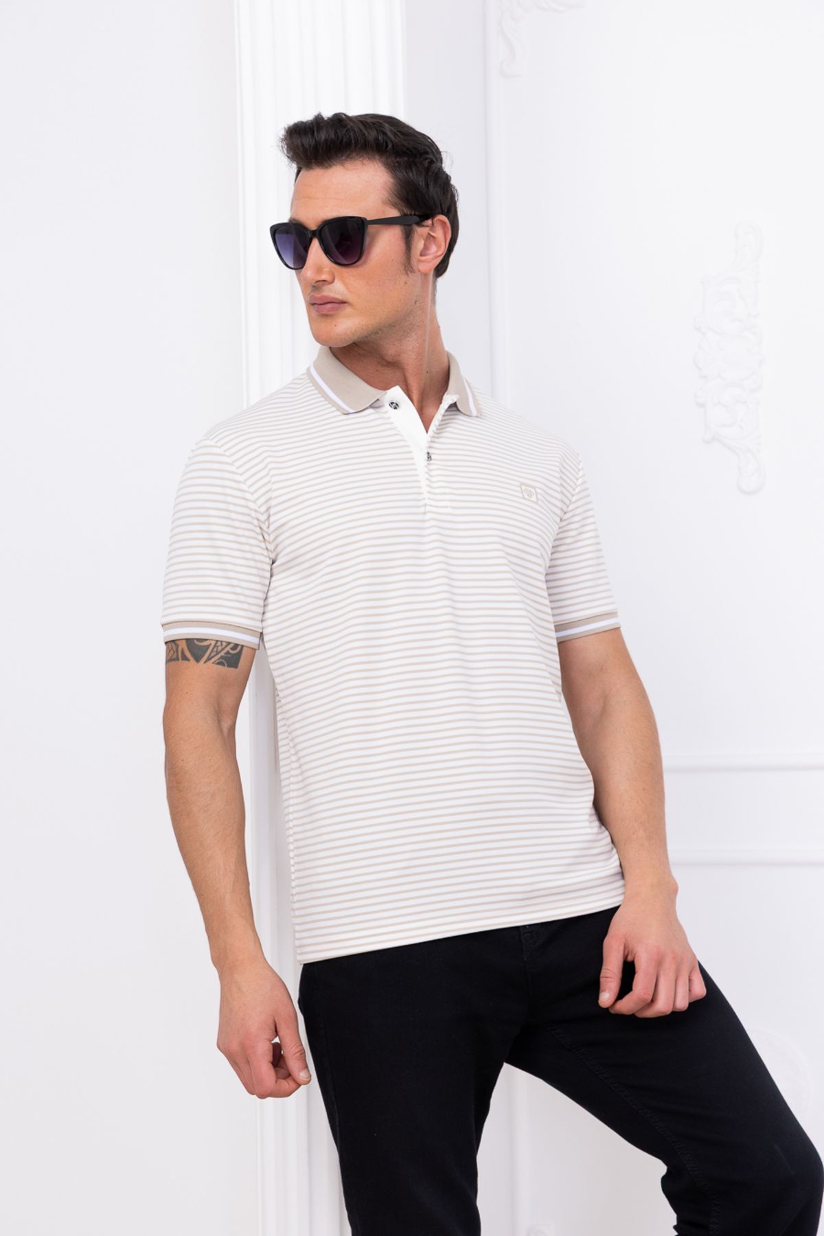 gw gewer Erkek Polo Yaka Slim Fit Çizgili T-shirt Tişört