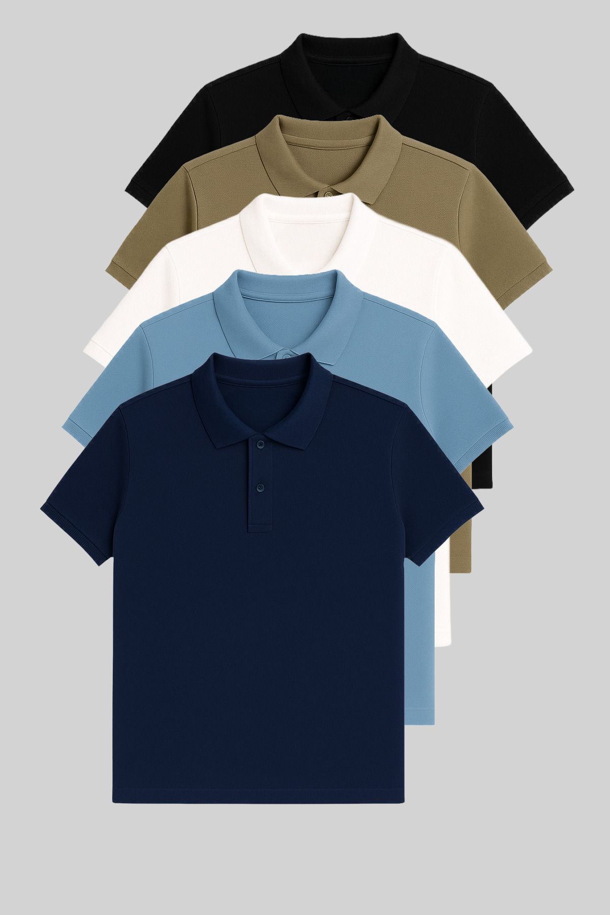 COMBİNE MİCHAİL Erkek 5'li Paket Siyah-Haki-Beyaz-Bebemavi-Mavi Slim Fit %100 Pamuk Polo Yaka Tişört