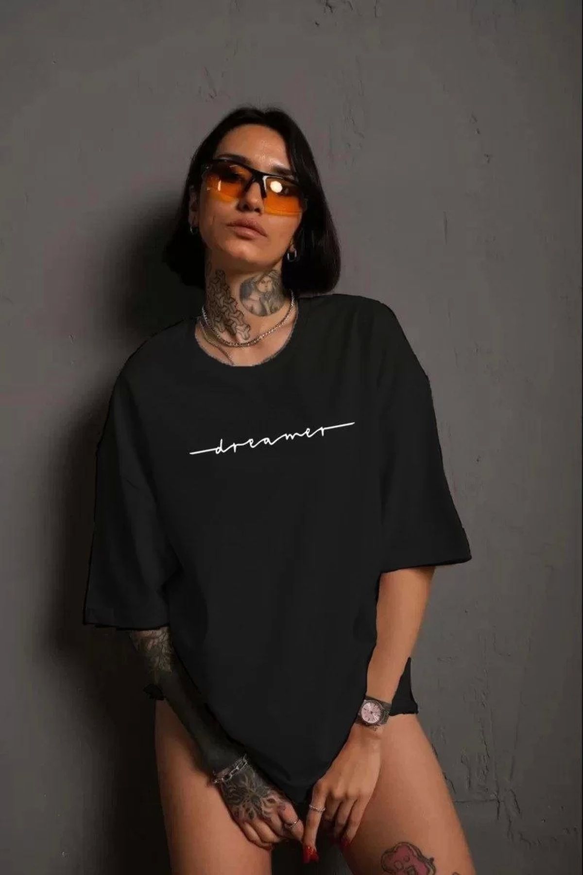 MODA Unisex Kadın Bisiklet Yaka Baskılı T-Shirt - Siyah