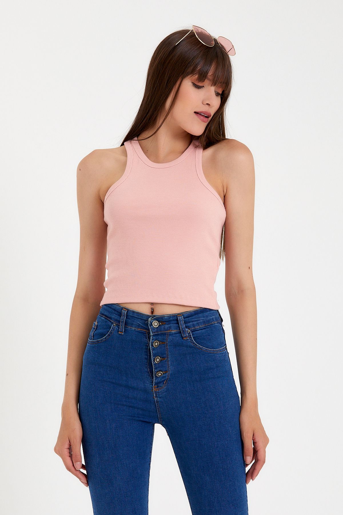 Superlife Süperlife Kadın Crop Örme Arkası Yüksek Yaka Slim Fit Atlet-Tişort SPR21Y11