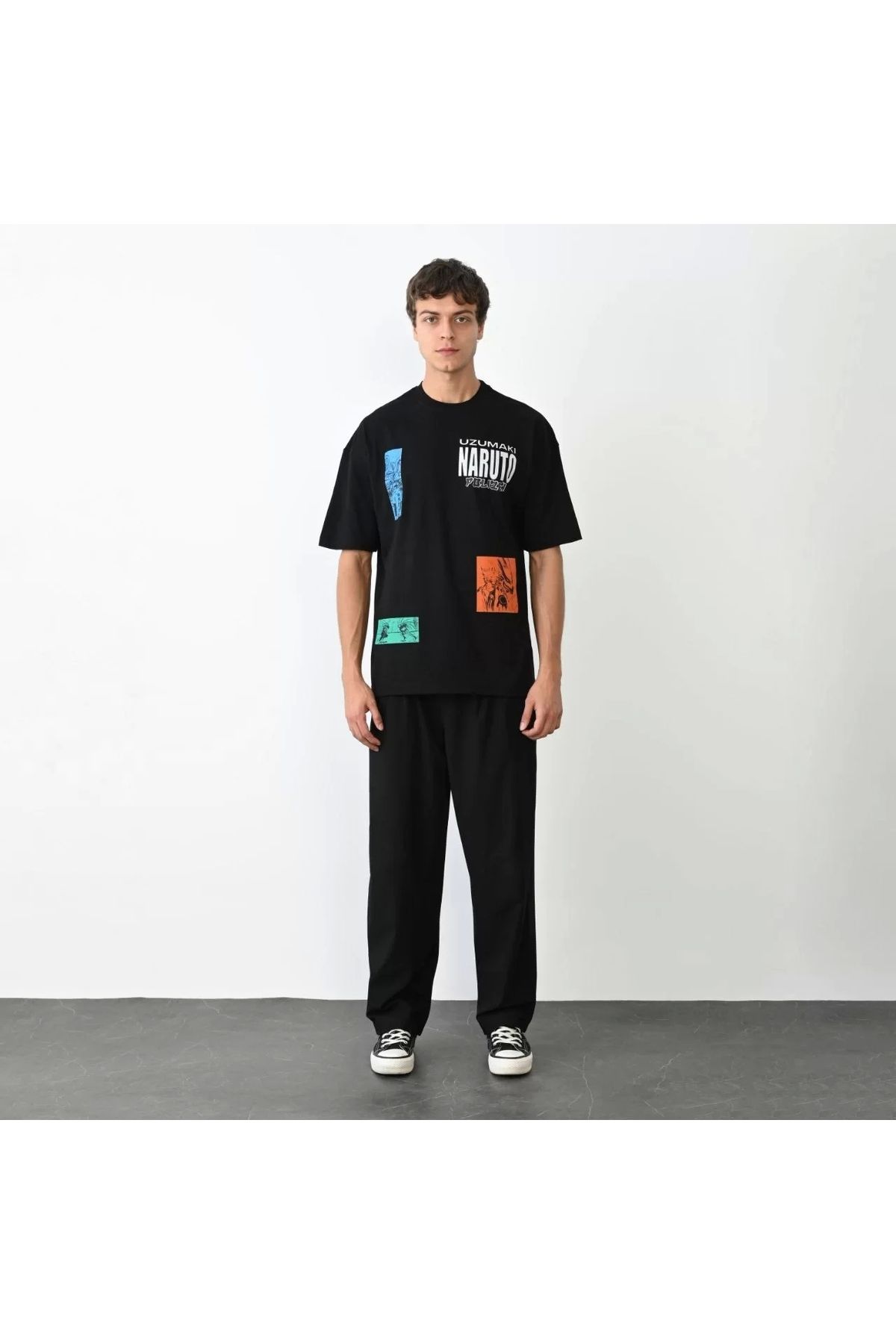 MODA Unisex Bisiklet Yaka Baskılı Oversize T-Shirt - Siyah