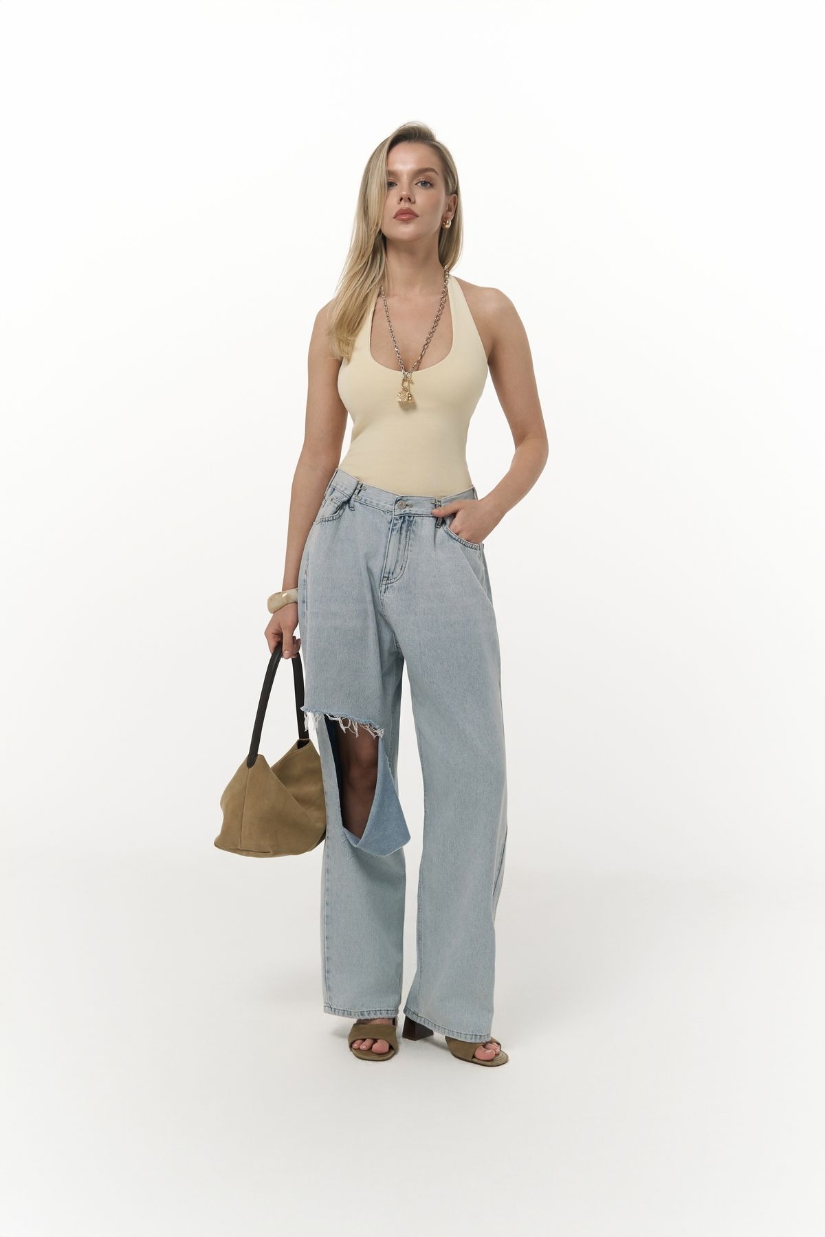 MAİ COLLECTİON Garbo Yırtık Detay Mavi Jean Pantolon