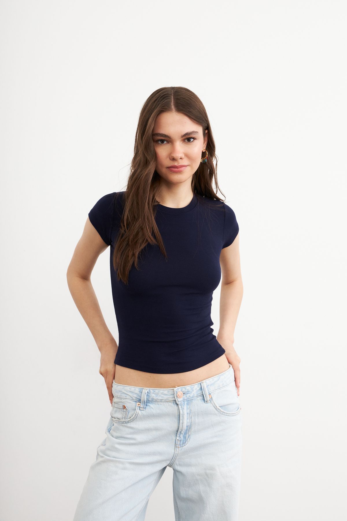 Bipantolon Kadın Lacivert Bisiklet Yaka Kısa Kol Ultra Soft T-shirt