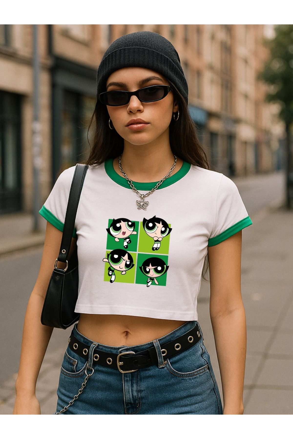 Touz Moda Biyeli The Powepuff Girls Baskılı Beyaz Body Crop Bluz