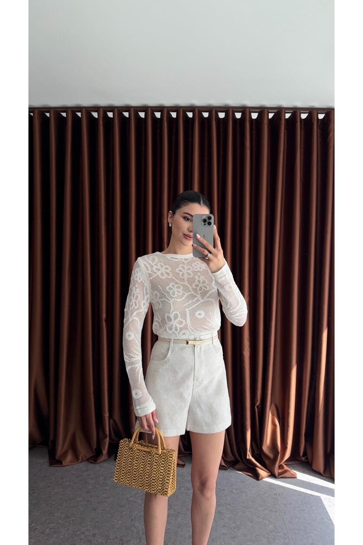 HAZELANNA Floral Dantel Transparan Beyaz Bluz