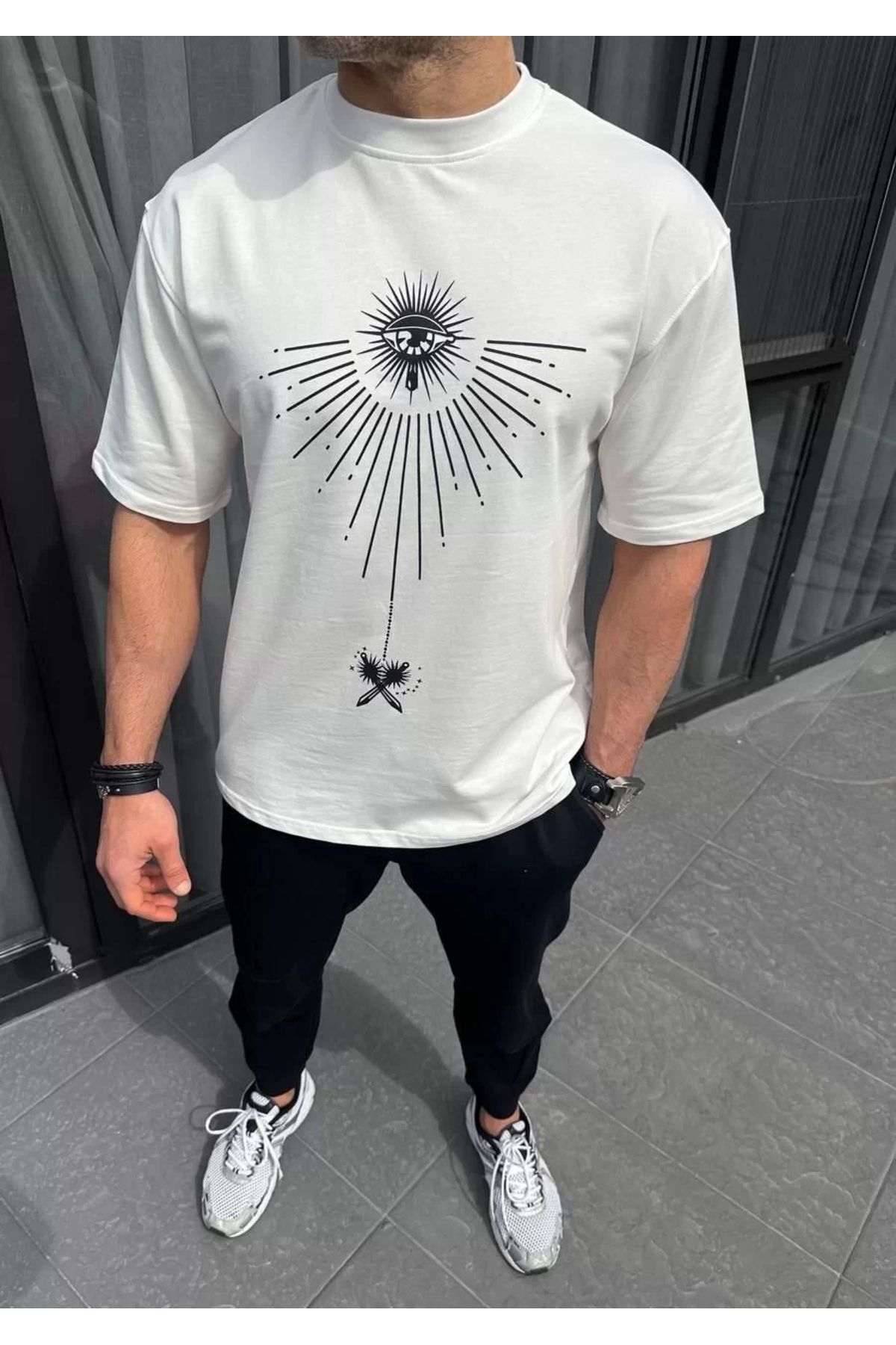 MODA Unisex Bisiklet Yaka Baskılı Oversize T-Shirt - Beyaz