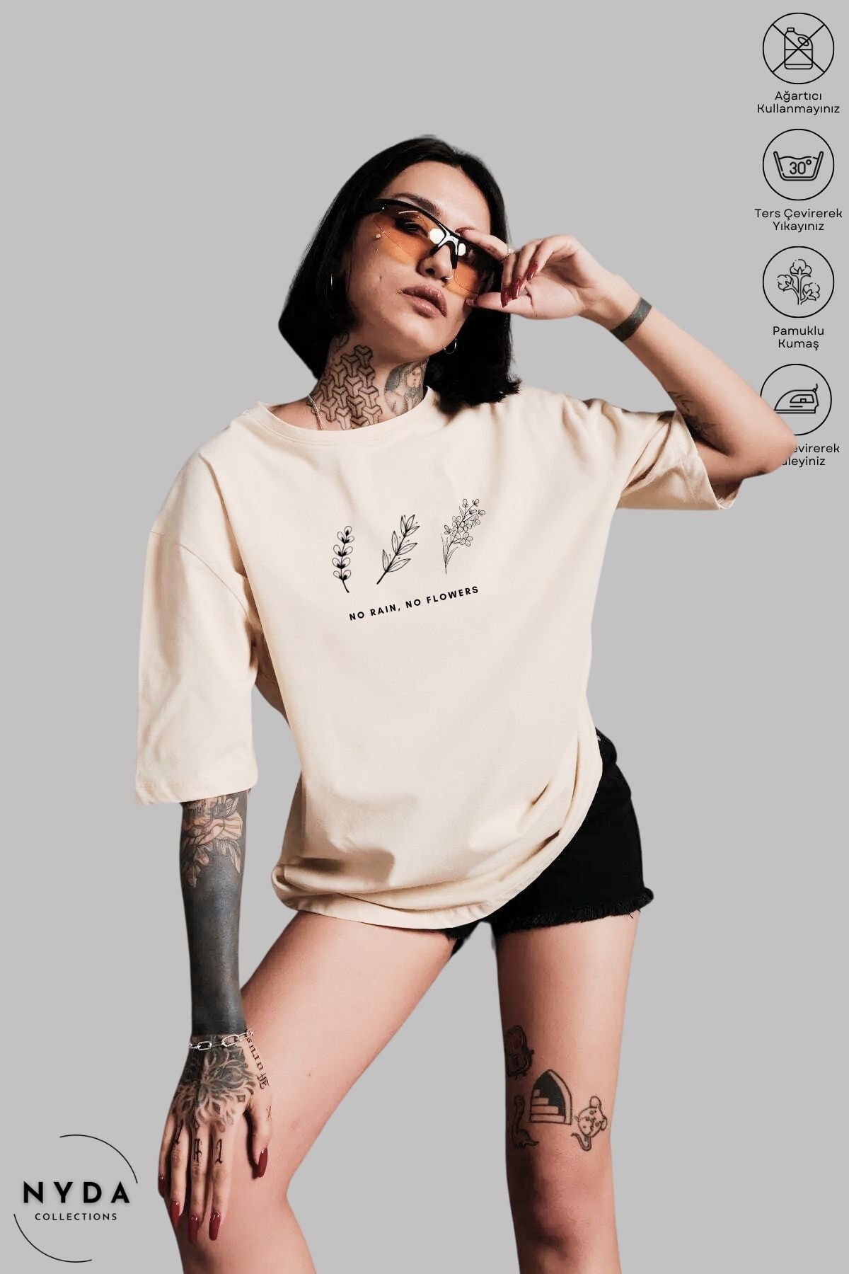 Nyda Collections Kadın Bisiklet Yaka Minimal Çiçek Baskılı Pamuk Oversize Kısa Kollu Tişört