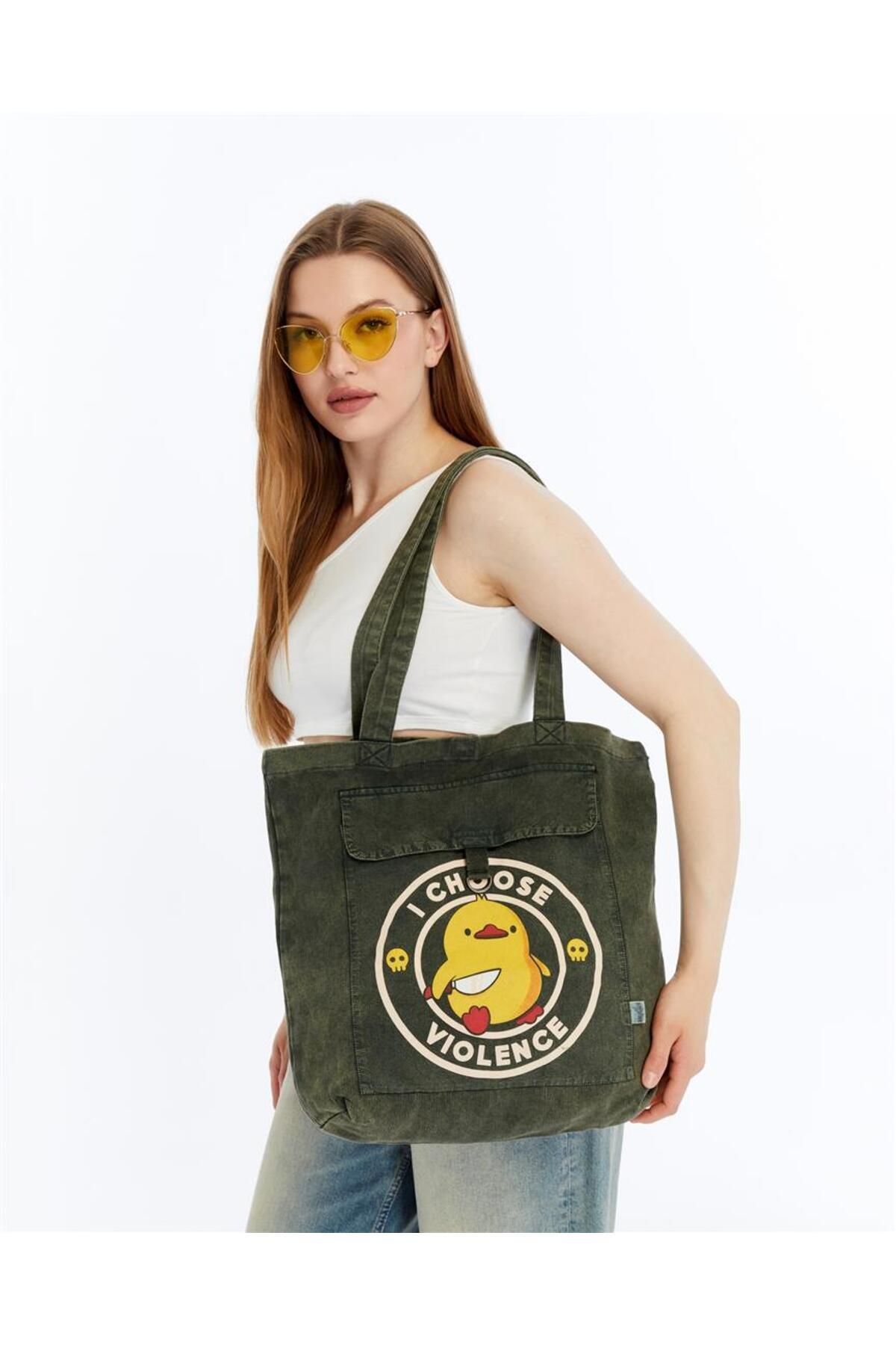S-Ponder Belalı Civciv Baskılı %100 Pamuk Çıt Çıt Kapatmalı Tote Bag Bez Kol Ve Omuz Çantası