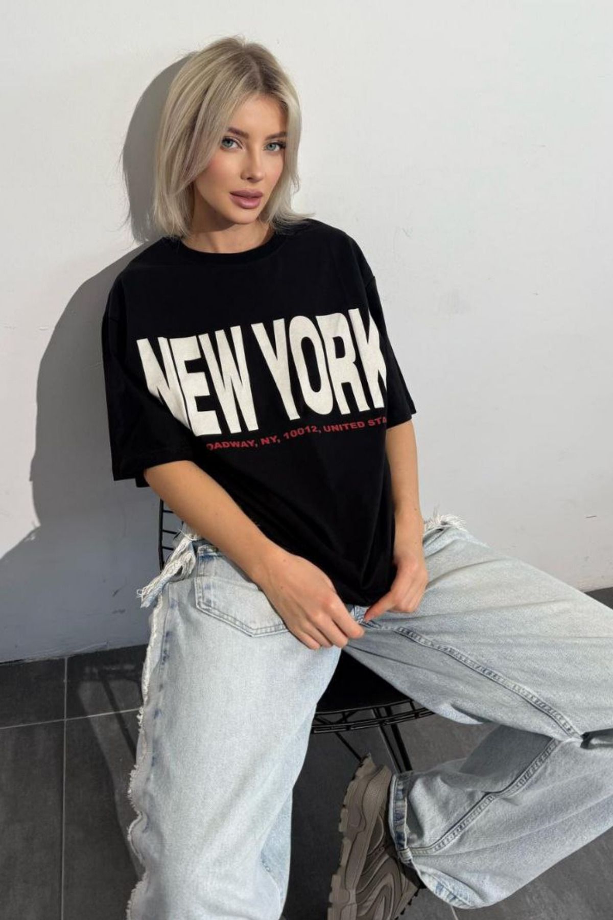 fehika Kadın Siyah New York Baskılı Tasarım Overize T-Shirt