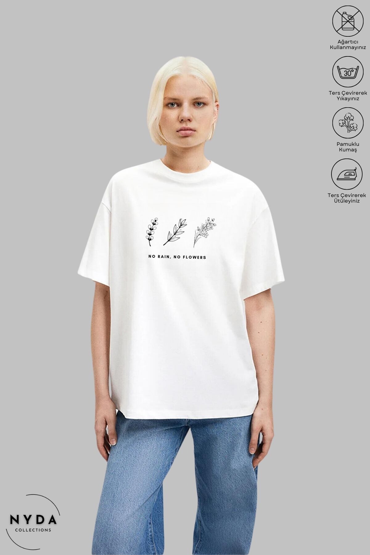 Nyda Collections Kadın Bisiklet Yaka Minimal Çiçek Baskılı Pamuk Oversize Kısa Kollu Tişört