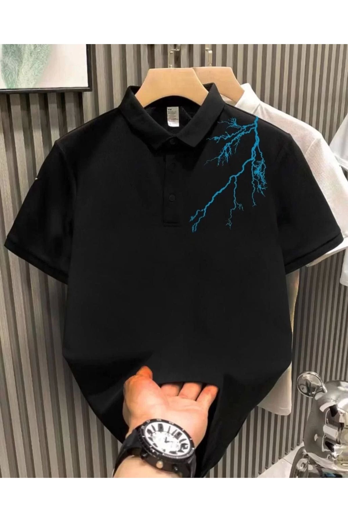 MODA Unisex Yakası Düğmeli Oversize Baskılı T-Shirt - Siyah