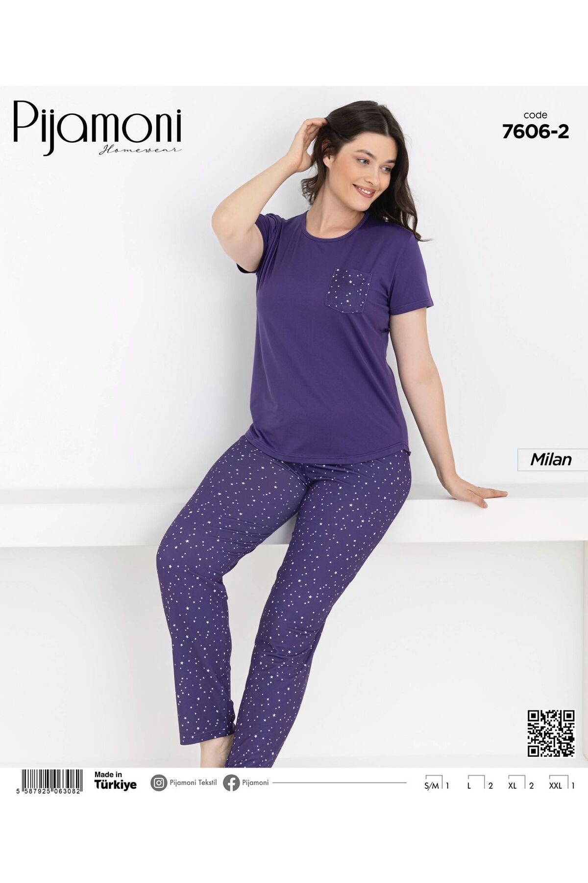Pijamoni Bambu Milan Kumaş Mor Renkli Sıfır Yaka Kısa Kollu Kadın Pijama Takımı