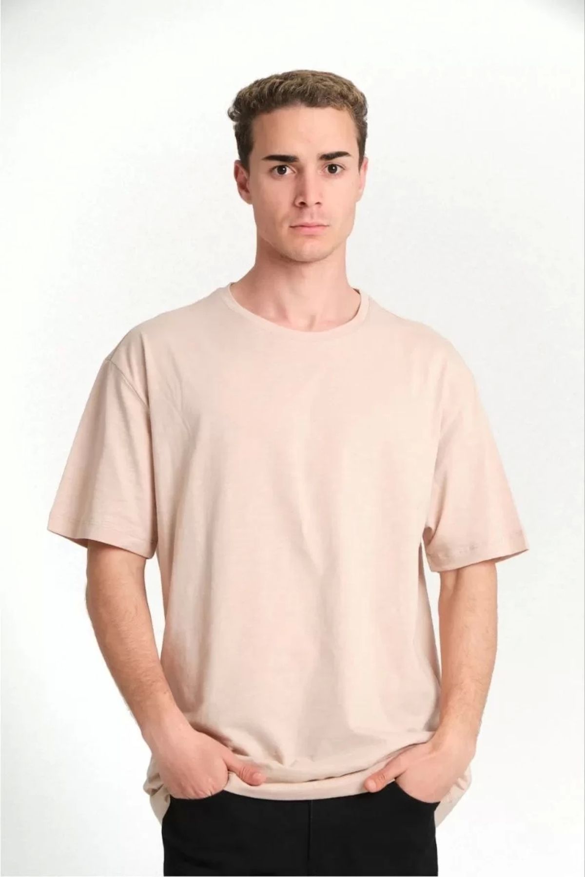 MODA Unisex Düz Biskilet Yaka Oversize T-shirt - Bej