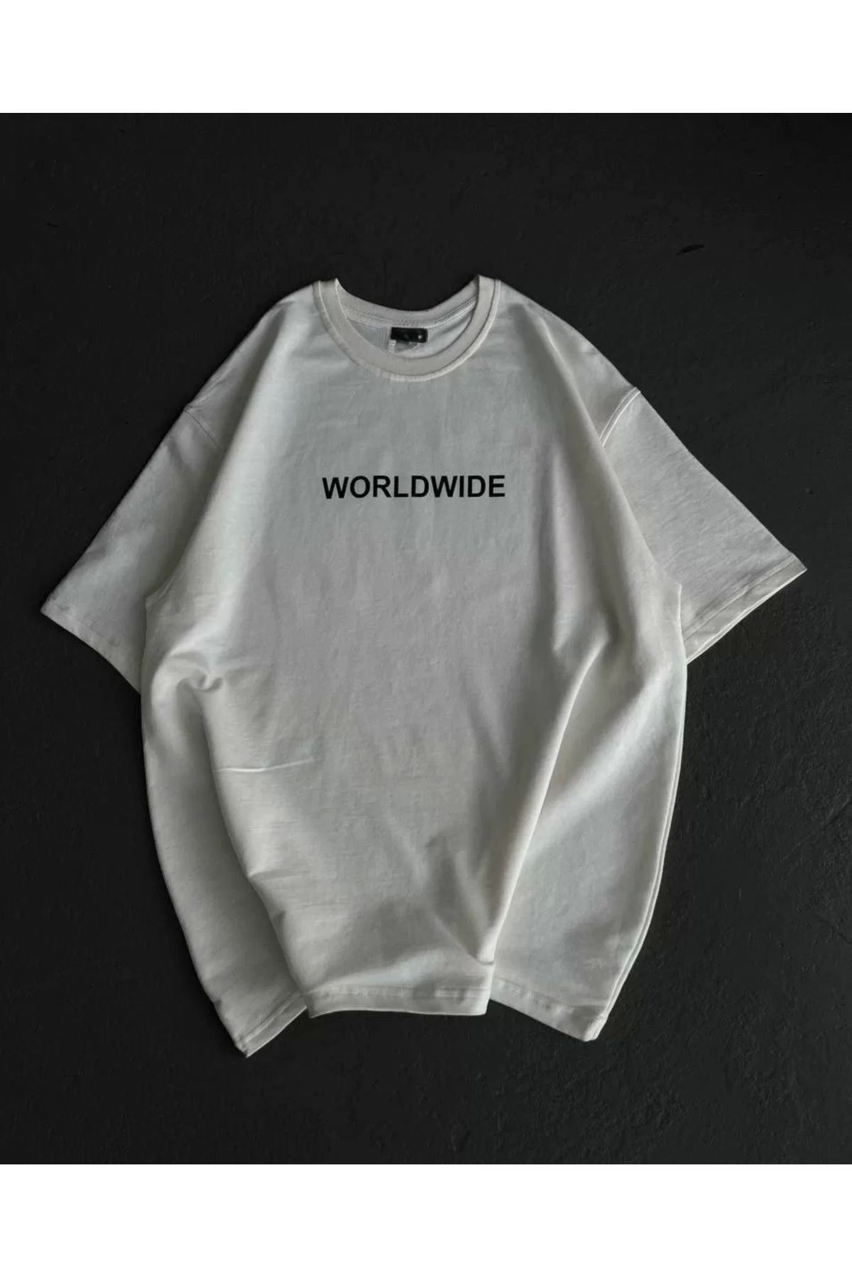 MODA Unisex Bisiklet Yaka Baskılı Oversize T-Shirt - Beyaz