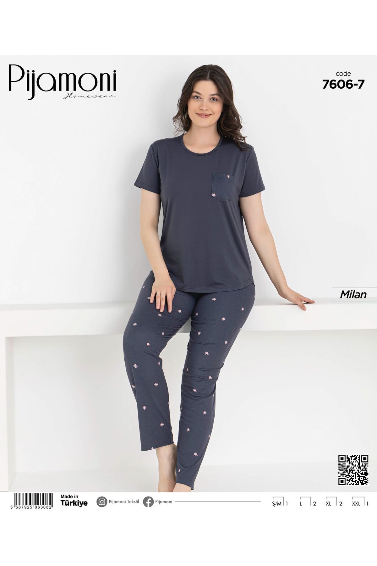 Pijamoni Bambu Milan Kumaş Antrasit Renkli Sıfır Yaka Kısa Kollu Kadın Pijama Takımı