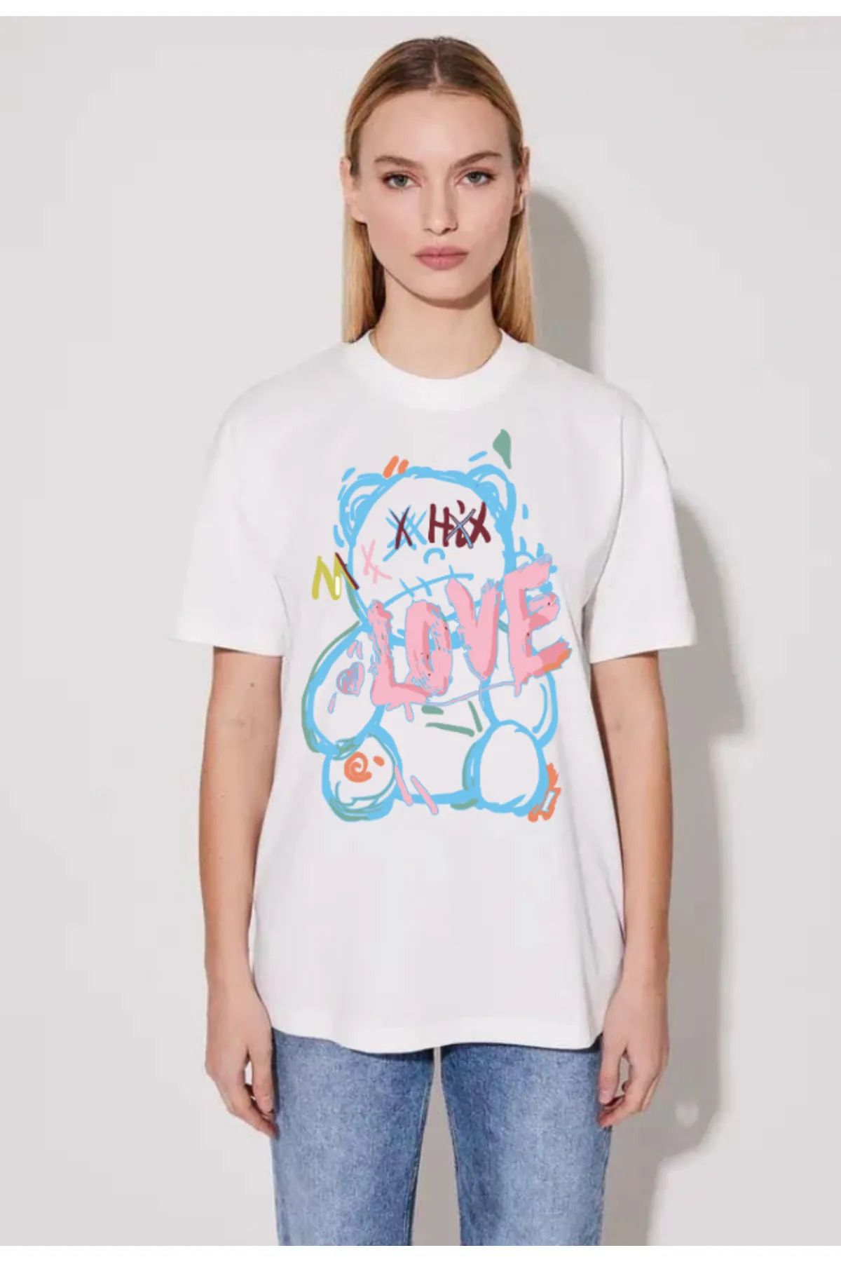 DESCARTES love Bear Baskılı Oversize Pamuk Tshirt, trend moda tişört
