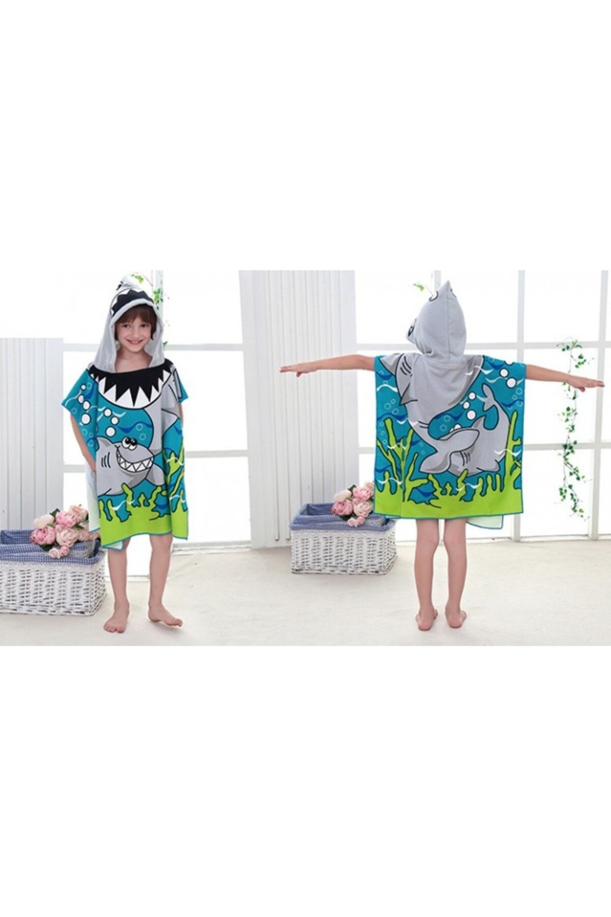 Shark Pattern Robe ECARLA Bath and beach towel, cape type robe with hood, shark pattern ...