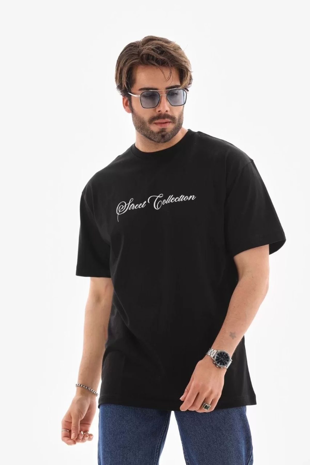 MODA Unisex Bisiklet Yaka Baskılı Oversize T-Shirt - Siyah