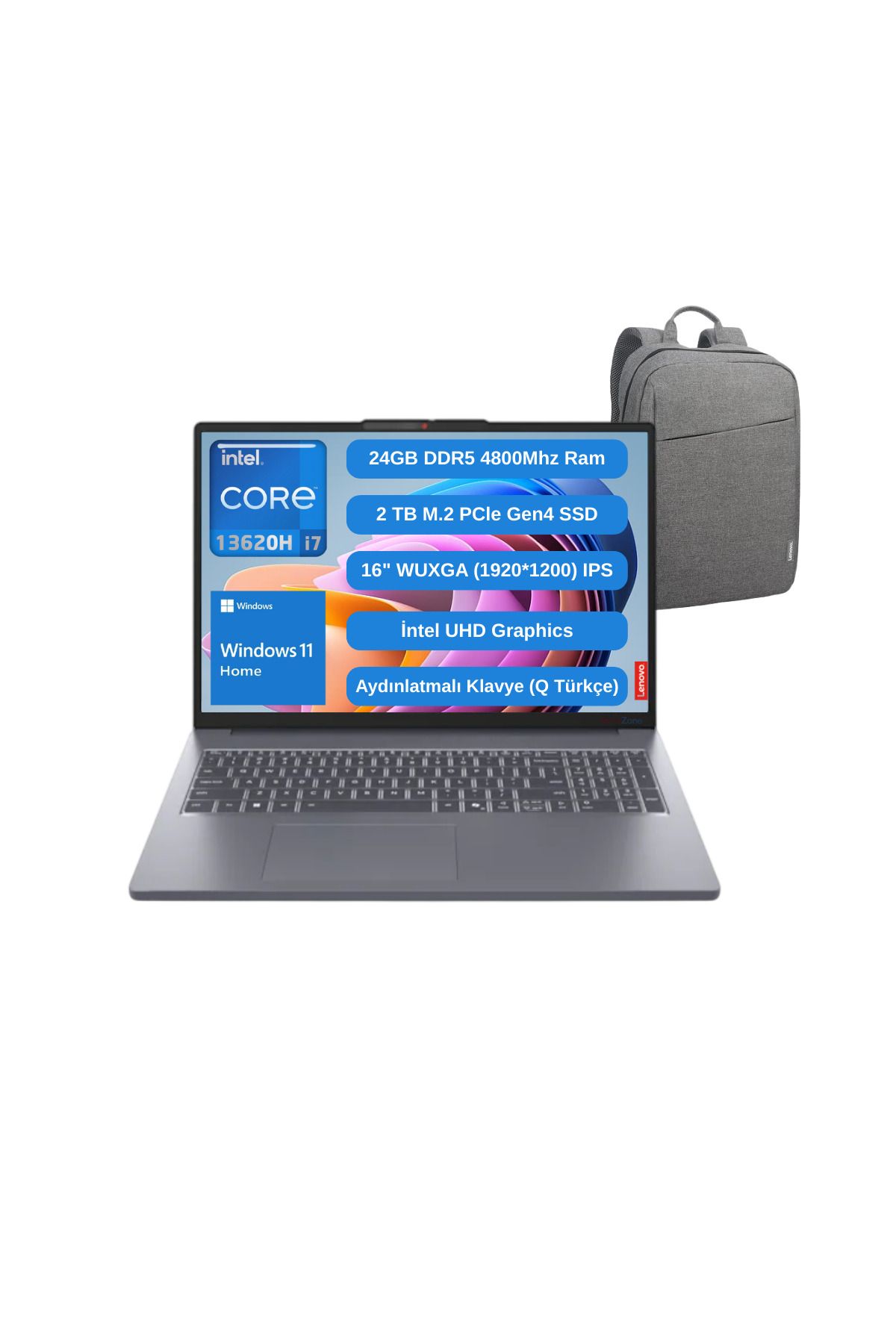 LENOVO IP Slim 3 16IRH10 İ7 13620H 24GB 2TB SSD 16" Fhd W11 Laptop 83K2001VTR - Lenovo Çanta Wz10