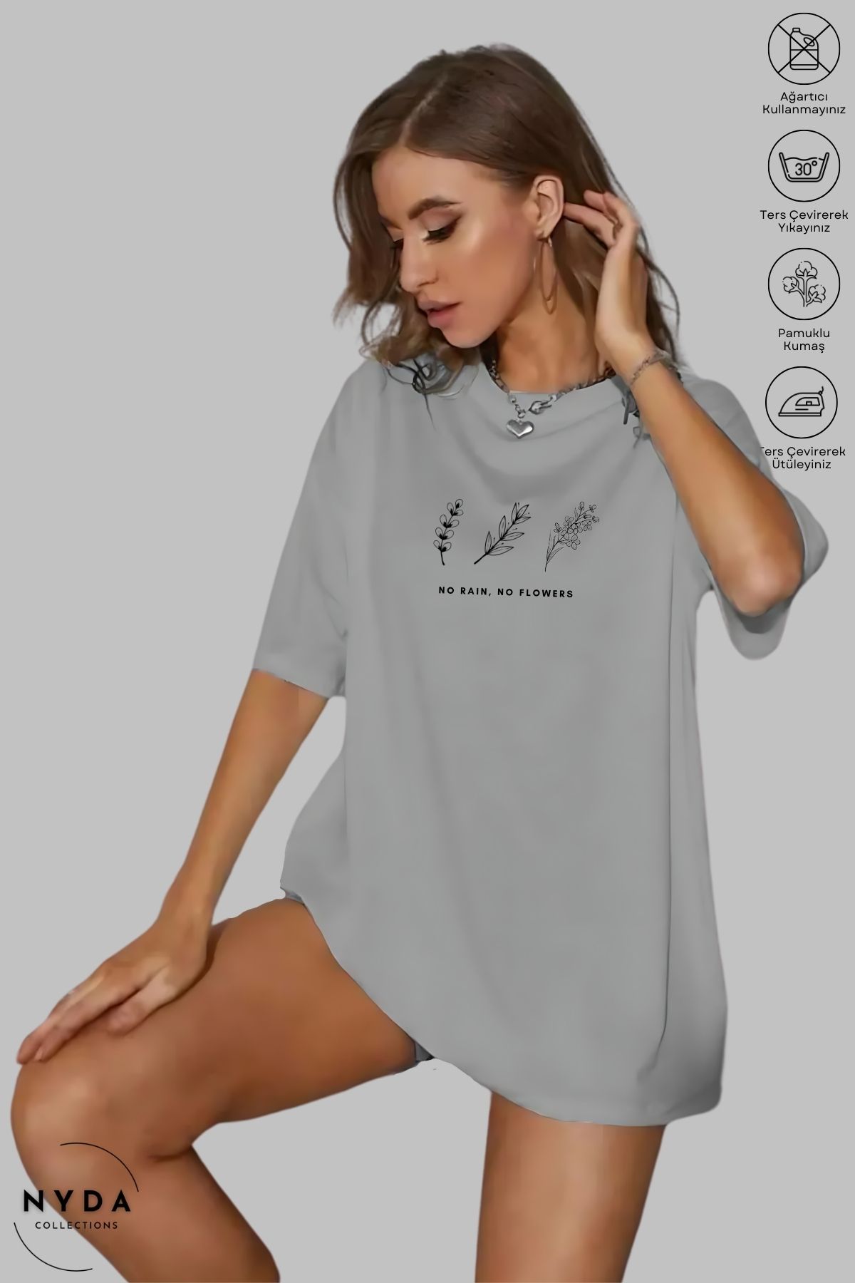 Nyda Collections Kadın Bisiklet Yaka Minimal Çiçek Baskılı Pamuk Oversize Kısa Kollu Tişört