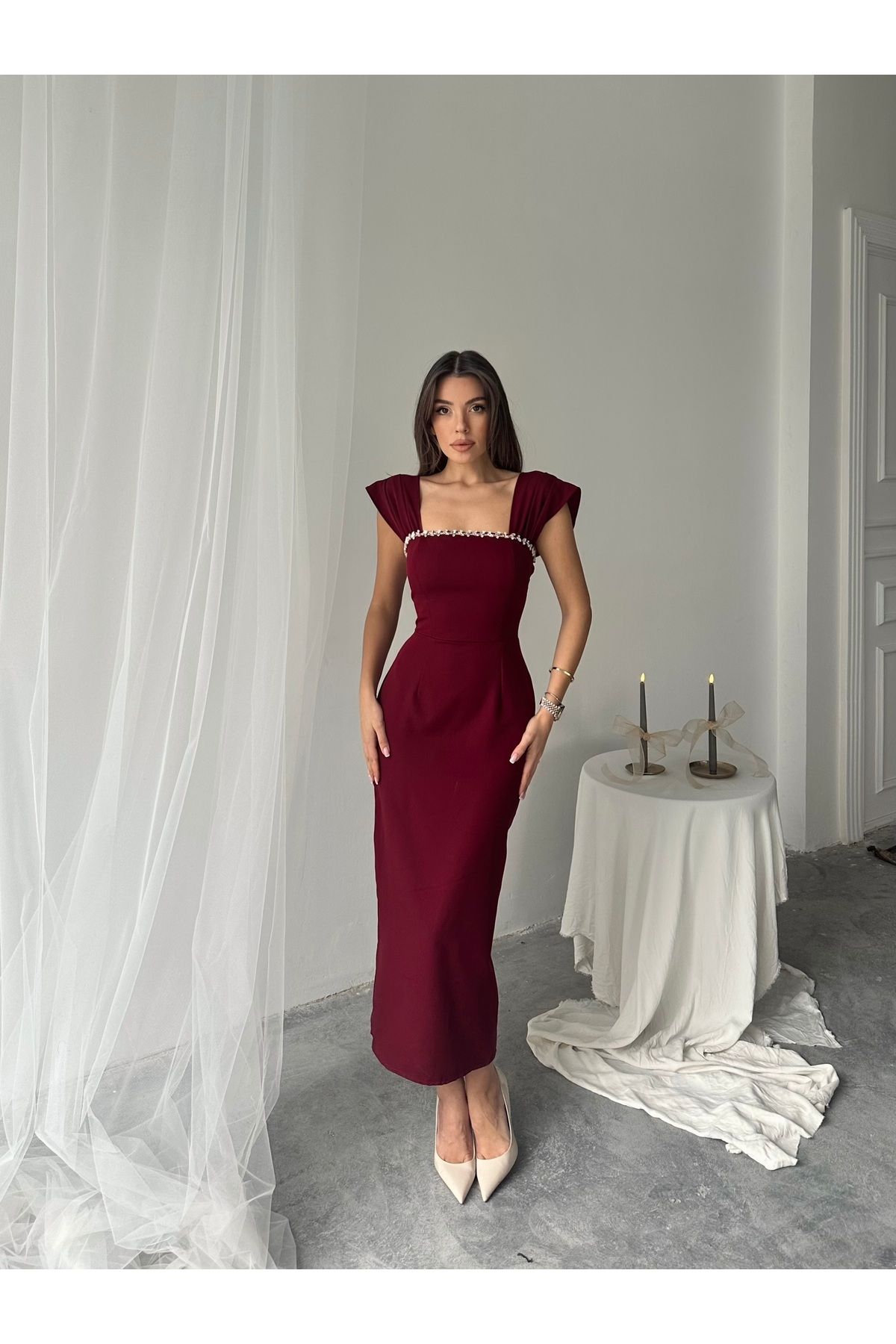 conconmoda Elenor Uzun Atlas Elbise