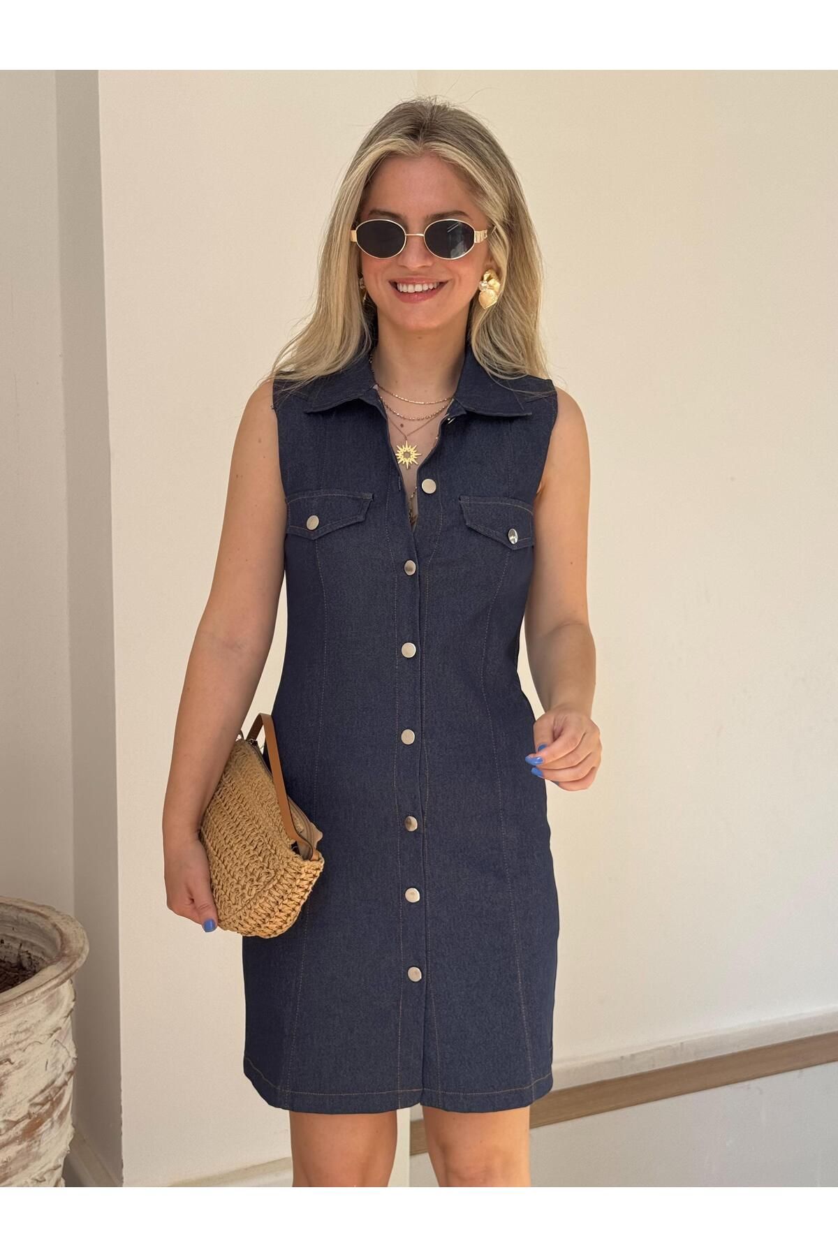 2she Dikiş Detay Denim Elbise - Lacivert
